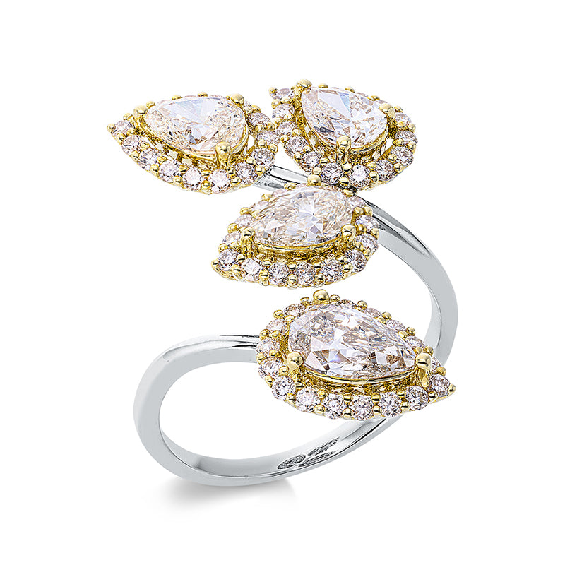 Ring 18 kt WG+GG, 62 Brill. 0,65 ct, TW-si, 4 Tropfen 1,70 ct, gelb-si