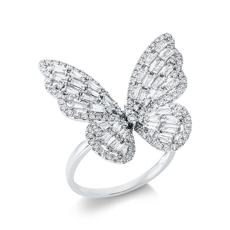 Ring 18 kt WG Schmetterling. 104 Brillanten 0.54 ct. TW-si. 36 Trapeze 0.67 ct. TW-si. 2 Brillanten 0.03 ct. TW-si. H:23.5 mm. B:21.5 mm. Weite:53