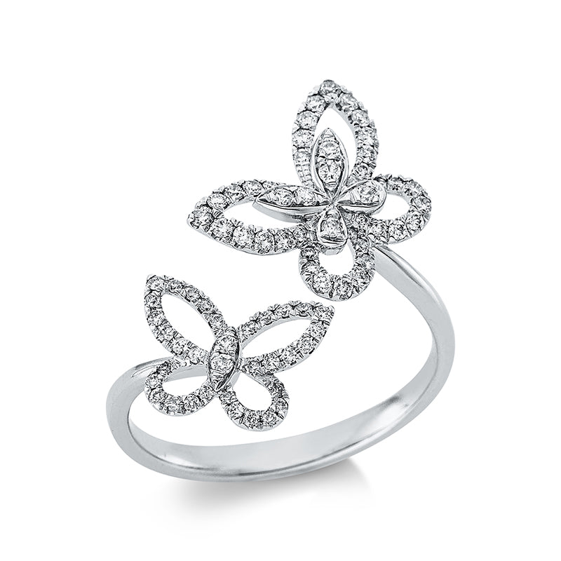 Ring 18 kt WG Schmetterling. 74 Brillanten 0.33 ct. TW-si. 2 Brillanten 0.02 ct. TW-si. H:21.0 mm. B:16.8 mm. Weite:53
