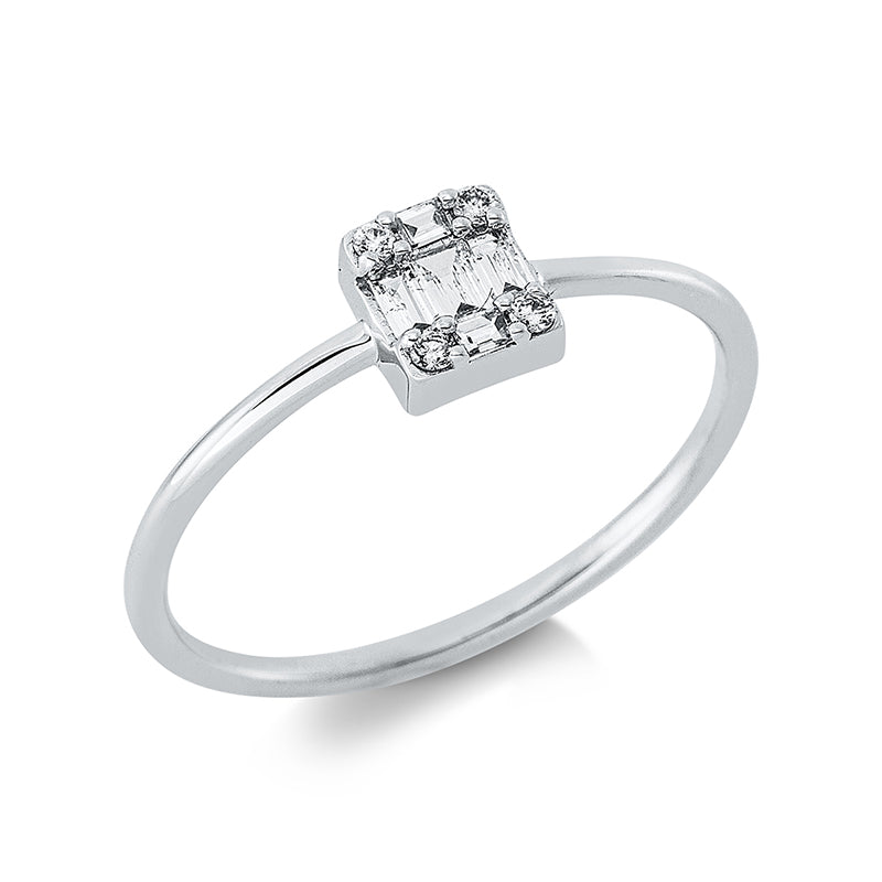 Ring 18 kt WG. 5 Baguette 0.13 ct. TW-si. 4 Brillanten 0.04 ct. TW-si. Weite:53