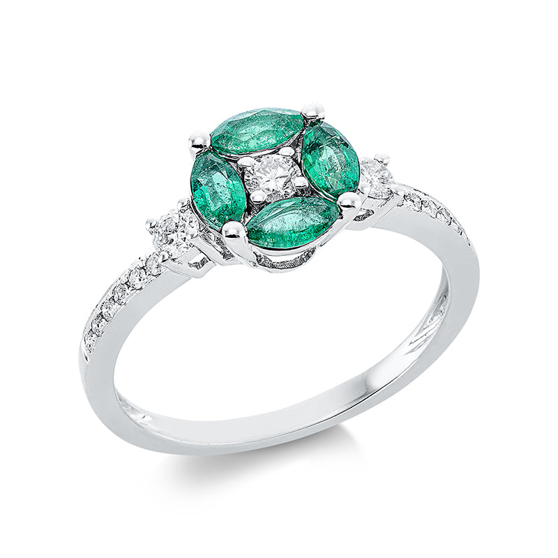 Ring 18 kt WG. 1 Brill. 0.08 ct. TW-pi. 2 Brillanten 0.13 ct. TW-pi. 12 Brillanten 0.08 ct. TW-pi. 4 Smaragde 0.50 ct grün. H:11.8 mm. B:7.8 mm. Weite:54