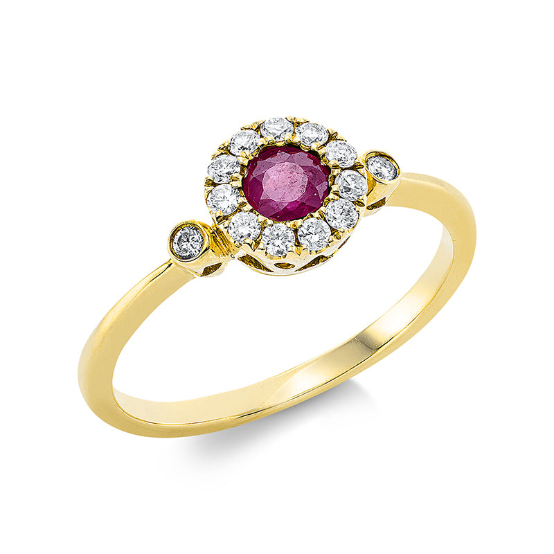 Ring 18 kt GG. 13 Brillanten 0.19 ct. TW-pi. 1 Rubin 0.42 ct rot. H:11.3 mm. B:7.1 mm. Weite:54