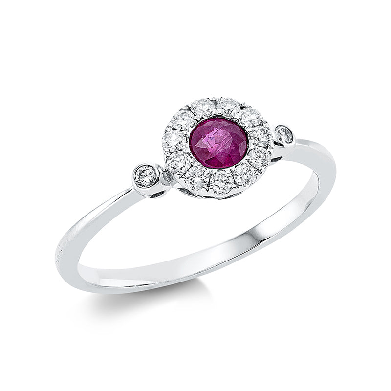 Ring 18 kt WG. 13 Brillanten 0.21 ct. TW-pi. 1 Rubin 0.36 ct rot. H:11.3 mm. B:7.1 mm. Weite:54