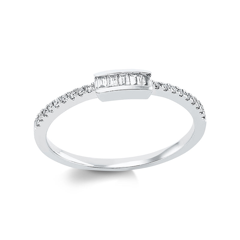 Ring 18 kt WG. 5 Baguette 0.09 ct. TW-pi. 18 Brillanten 0.08 ct. TW-pi. H:6.5 mm. B:2.9 mm. Weite:54