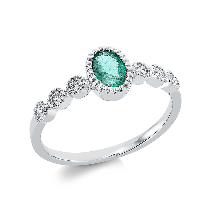Ring 18 kt WG. 6 Brillanten 0.15 ct. TW-pi. 1 Smaragd 0.44 ct grün. H:19.3 mm. B:7.3 mm. Weite:54