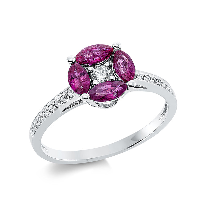 Ring 18 kt WG. 1 Brill. 0.08 ct. TW-pi. 16 Brillanten 0.09 ct. TW-pi. 4 Rubine 0.88 ct rot. H:8.0 mm. B:8.0 mm. Weite:54