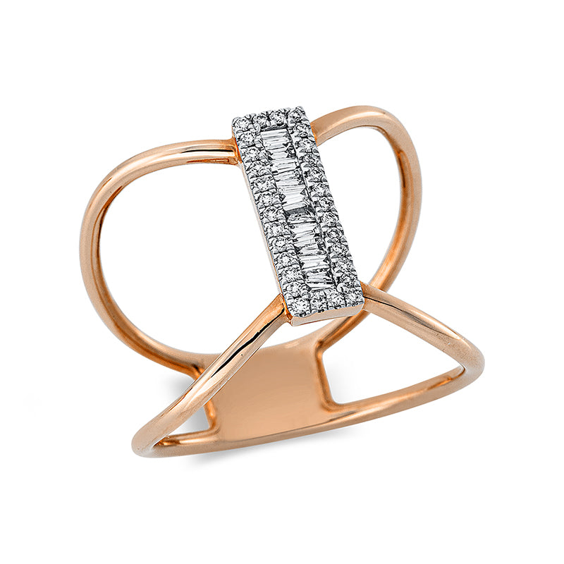 Ring 14 kt RG+WG. 11 Trapeze 0.11 ct. TW-si. 30 Brillanten 0.09 ct. TW-si. H:4.1 mm. B:12.5 mm. Weite:54