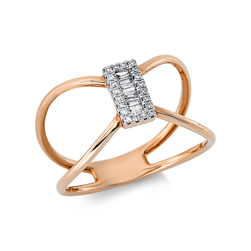Ring 14 kt RG+WG. 6 Trapeze 0.06 ct. TW-si. 20 Brillanten 0.06 ct. TW-si. H:4.1 mm. B:7.8 mm. Weite:53
