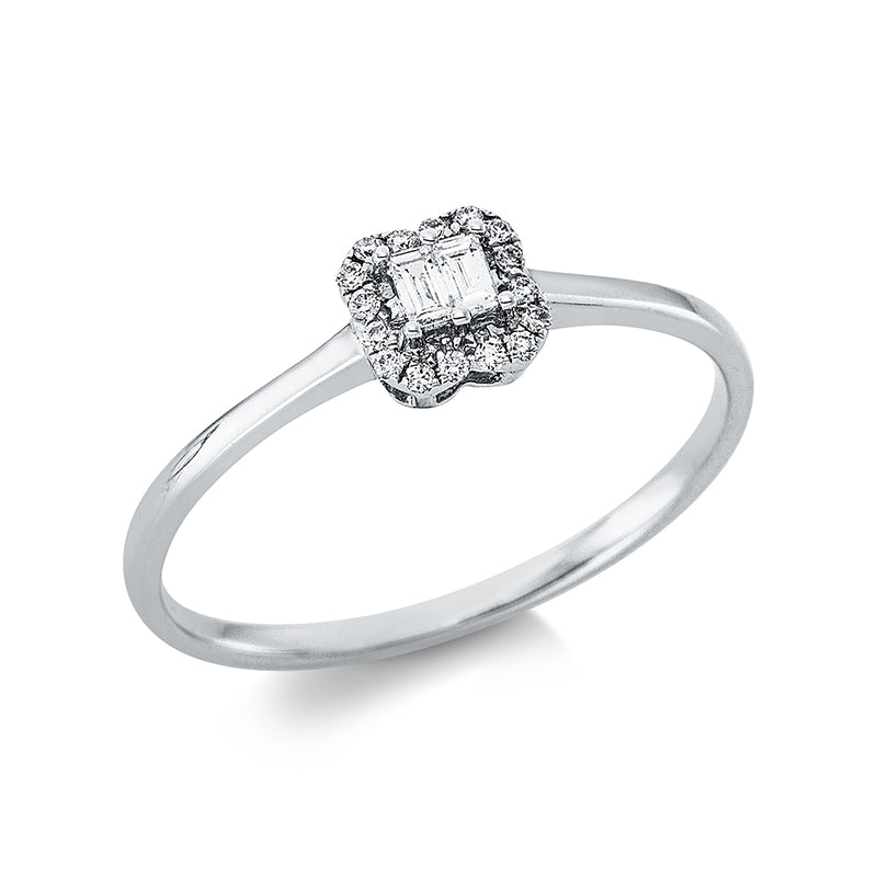 Ring 18 kt WG. 2 Baguette 0.05 ct. TW-si. 16 Brillanten 0.05 ct. TW-si. Weite:53