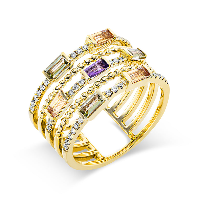 Ring 18 kt GG. 42 Brillanten 0.17 ct. TW-pi. 7 Farbsteine 0.71 ct multicolor. Weite:54