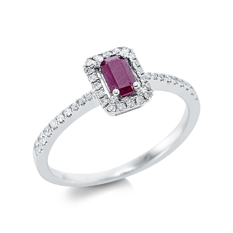 Ring 18 kt WG. 4 Brillanten 0.05 ct. TW-pi. 34 Brillanten 0.13 ct. TW-pi. 1 Rubin 0.37 ct rot. Weite:54
