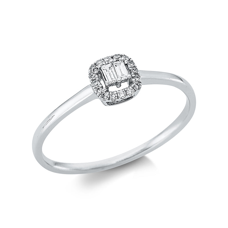 Ring 18 kt WG. 2 Baguette 0.05 ct. TW-si. 16 Brillanten 0.06 ct. TW-si. Weite:53