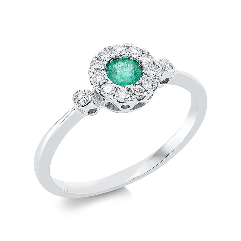 Ring 18 kt WG. 13 Brillanten 0.21 ct. TW-pi. 1 Smaragd 0.25 ct grün. H:11.3 mm. B:7.2 mm. Weite:54