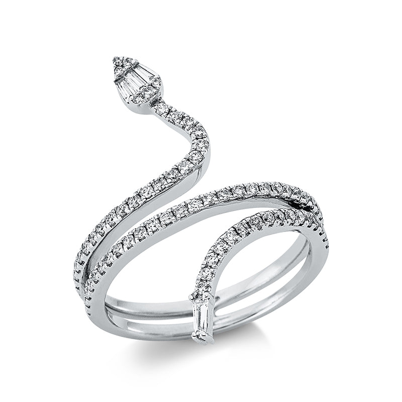 Ring 18 kt WG schlange. 4 Baguette 0.04 ct. TW-si. 68 Brillanten 0.32 ct. TW-si. Weite:53