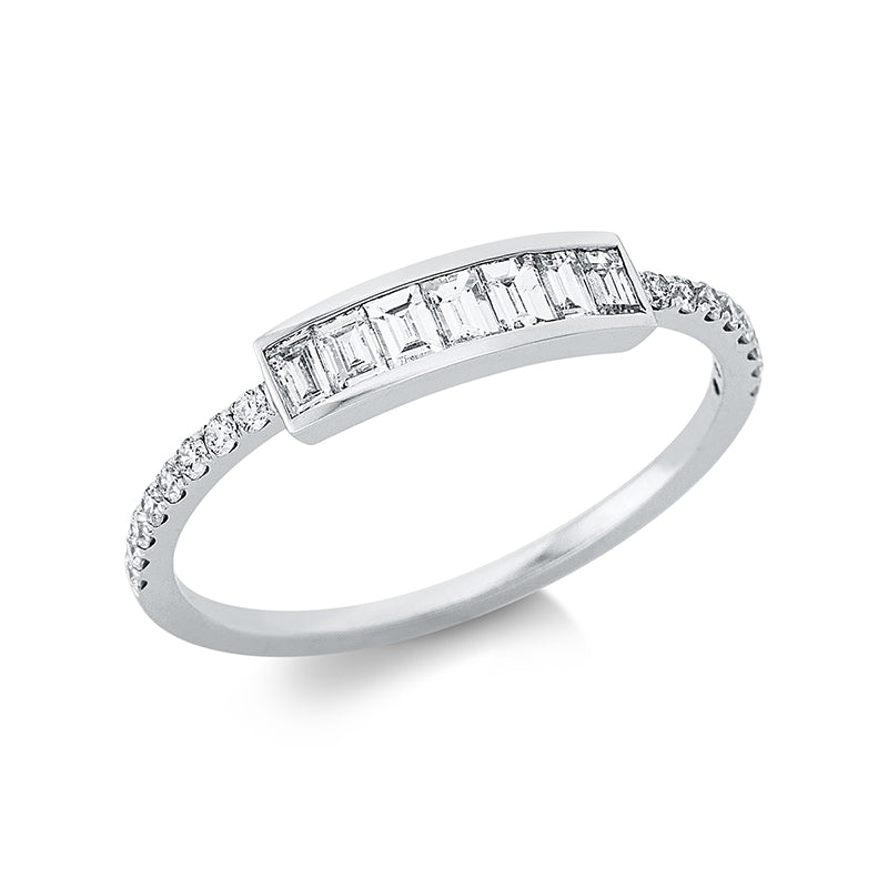Ring 18 kt WG. 7 Baguette 0.29 ct. TW-si. 16 Brillanten 0.13 ct. TW-si. H:11.1 mm. B:3.4 mm. Weite:53