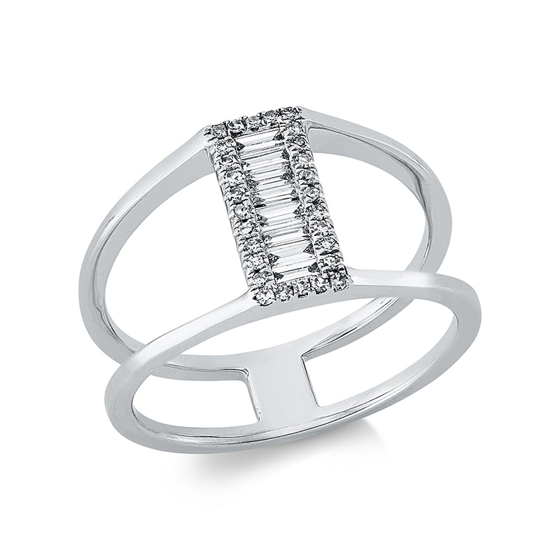 Ring 18 kt WG. 7 Baguette 0.17 ct. TW-si. 28 Brillanten 0.08 ct. TW-si. H:4.7 mm. B:10.8 mm. Weite:53