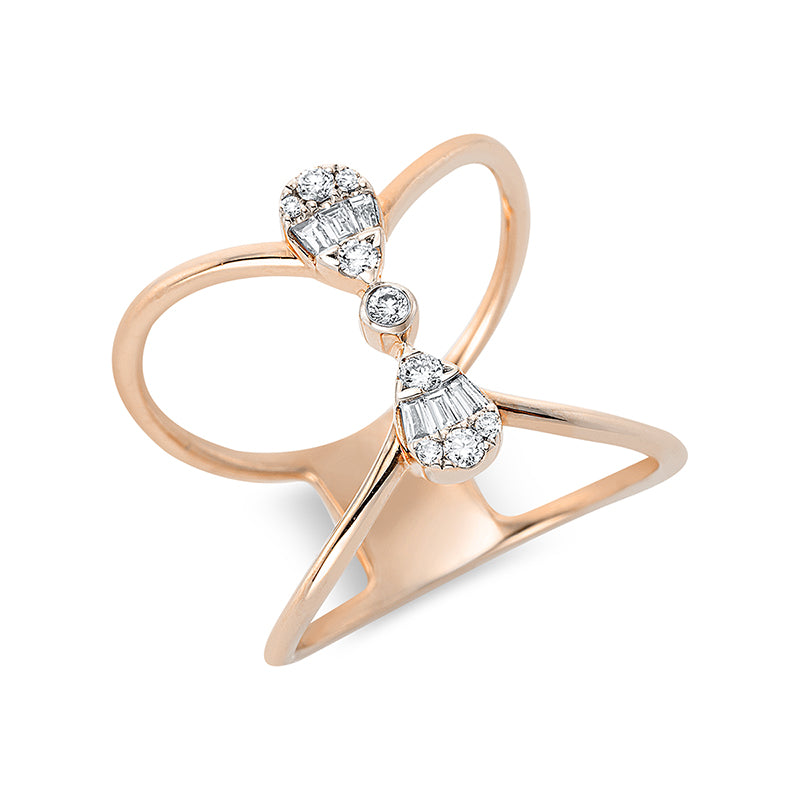 Ring 14 kt RG+WG, 6 Trap. 0,09 ct, TW-si, 9 Brill. 0,11 ct, TW-si
