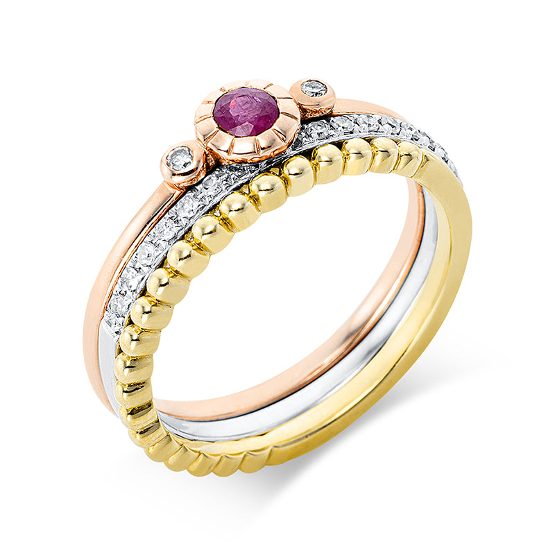 Ring 14 kt WG+GG+RG. 2 Brillanten 0.02 ct. TW-si. 18 Diamanten 0.09 ct. TW-si. 1 Rubin 0.13 ct rot. Weite:52