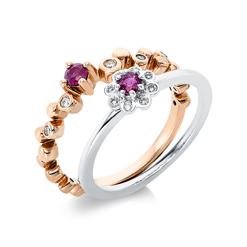 Ring 14 kt RG+WG. 2 Brillanten 0.03 ct. TW-si. 11 Diamanten 0.05 ct. TW-si. 2 Rubine 0.26 ct rot. Weite:52