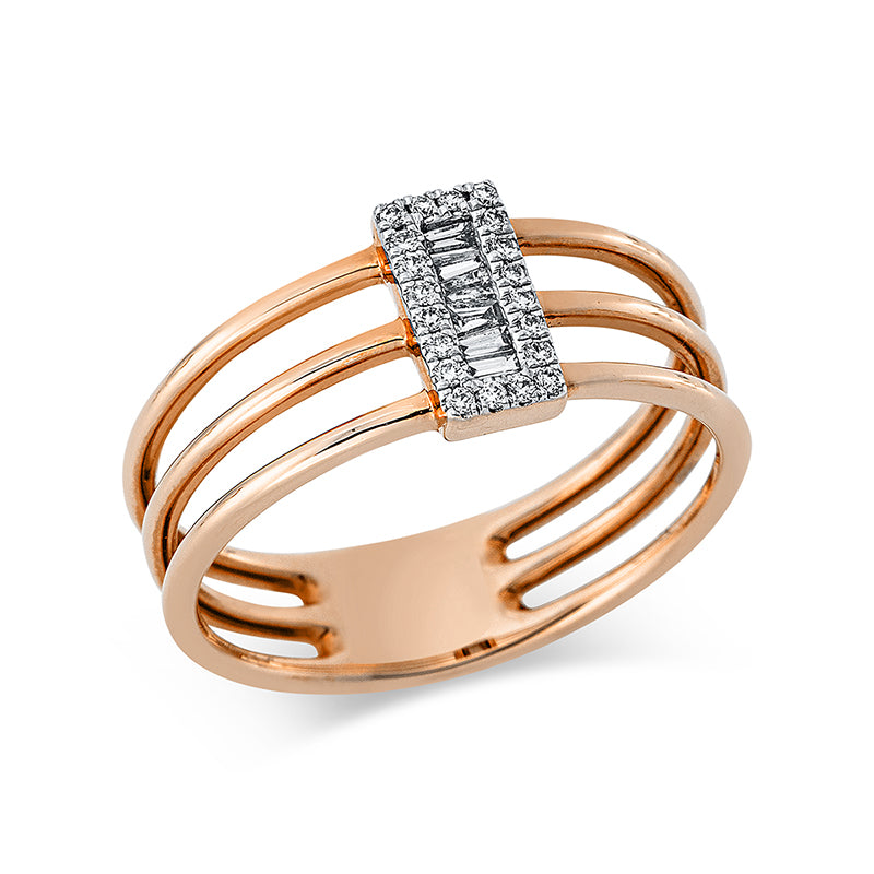 Ring 14 kt RG+WG. 6 Trapeze 0.07 ct. TW-si. 20 Brillanten 0.06 ct. TW-si. H:4.0 mm. B:7.9 mm. Weite:53