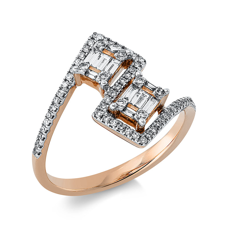 Ring 14 kt RG+WG. 10 Baguette 0.17 ct. TW-si. 62 Diamanten 0.19 ct. TW-si. H:10.6 mm. B:13.0 mm. Weite:54