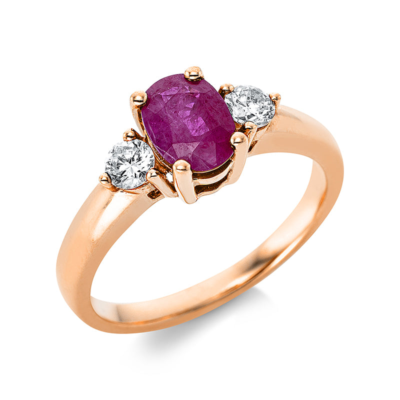 Ring 4er-Krappe 18 kt RG. 2 Brillanten 0.25 ct. TW-si. 1 Rubin 1.01 ct rot. Weite:52