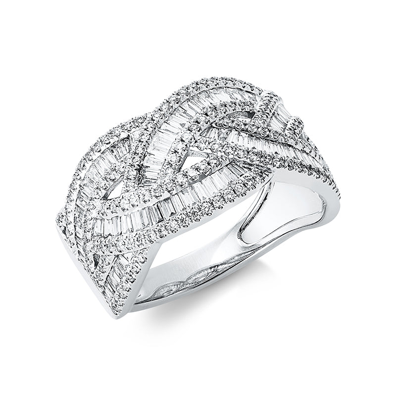 Ring 14 kt WG. 86 Trapeze 0.55 ct. TW-si. 159 Brillanten 0.43 ct. TW-si. B:10.6 mm. Weite:54