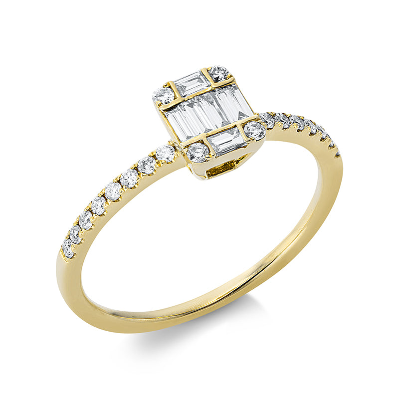 Ring 18 kt GG. 4 Brillanten 0.04 ct. TW-si. 6 Baguette 0.17 ct. TW-si. 16 Brillanten 0.13 ct. TW-si. H:5.2 mm. B:6.3 mm. Weite:53