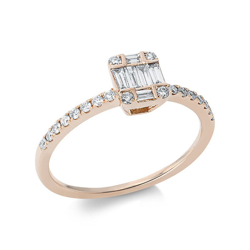Ring 18 kt RG. 4 Brillanten 0.04 ct. TW-si. 6 Baguette 0.13 ct. TW-si. 16 Brillanten 0.13 ct. TW-si. H:5.2 mm. B:6.3 mm. Weite:53