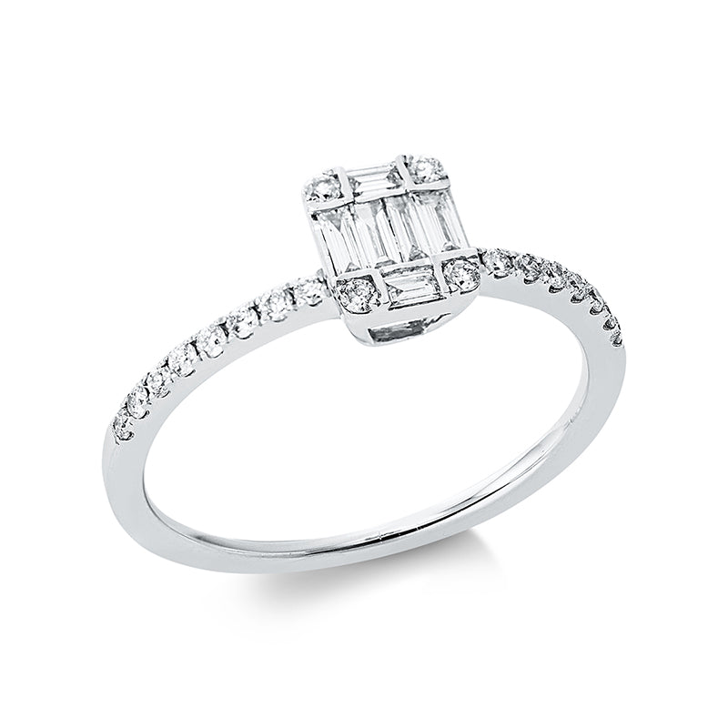 Ring 18 kt WG. 4 Brillanten 0.04 ct. TW-si. 6 Baguette 0.13 ct. TW-si. 16 Brillanten 0.13 ct. TW-si. H:5.2 mm. B:6.3 mm. Weite:53