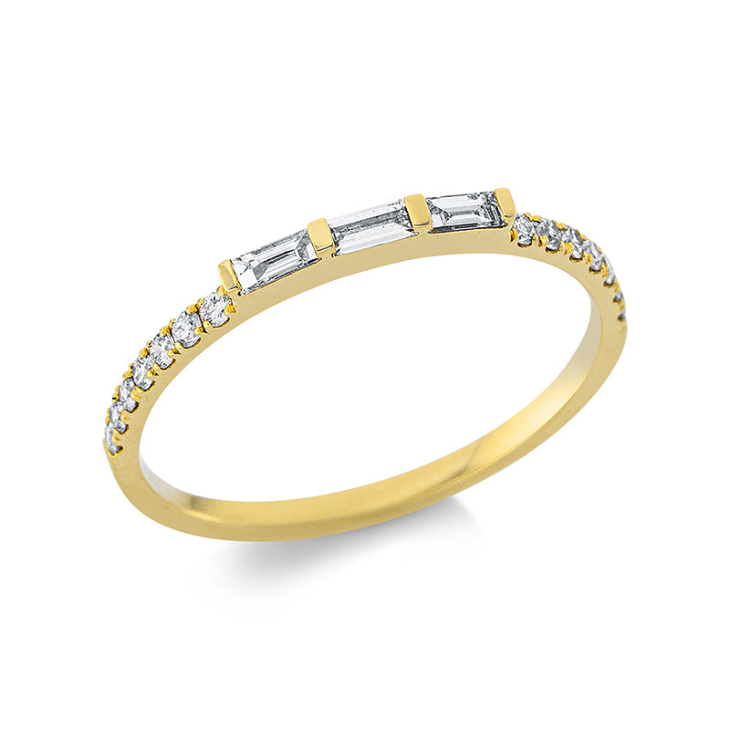 Ring 18 kt GG. 3 Baguette 0.10 ct. TW-si. 14 Brillanten 0.12 ct. TW-si. B:1.4 mm. Weite:53