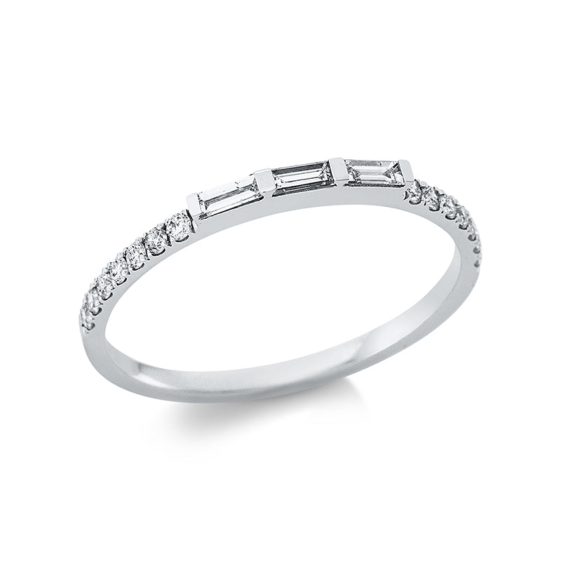 Ring 18 kt WG. 3 Baguette 0.11 ct. TW-si. 14 Brillanten 0.13 ct. TW-si. B:1.4 mm. Weite:53