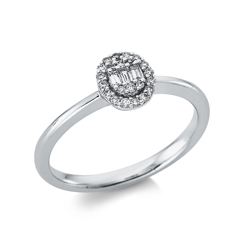 Ring 18 kt WG. 3 Baguette 0.06 ct. TW-si. 22 Brillanten 0.10 ct. TW-si. Weite:53