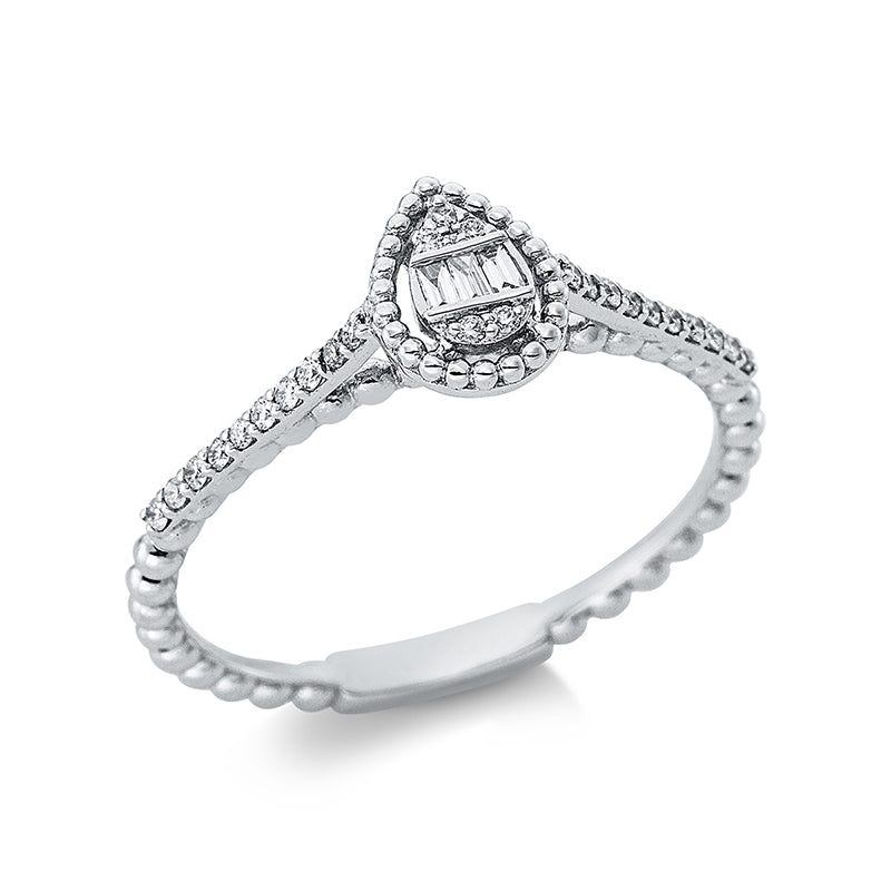 Ring 18 kt WG. 3 Baguette 0.03 ct. TW-si. 25 Brillanten 0.09 ct. TW-si. Weite:53