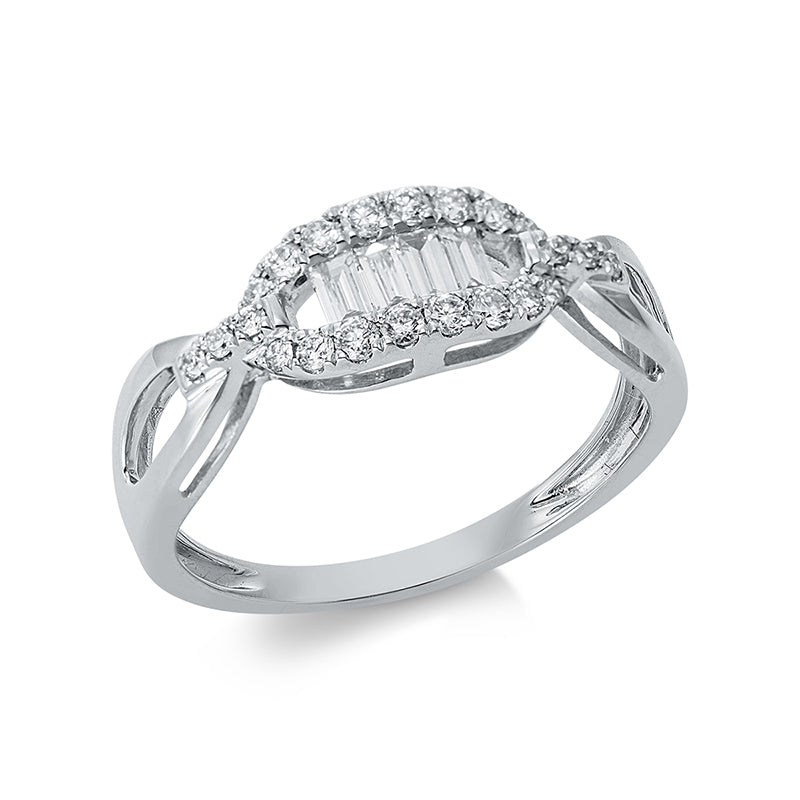 Ring 18 kt WG. 12 Brillanten 0.17 ct. TW-si. 4 Baguette 0.17 ct. TW-si. 10 Brillanten 0.06 ct. TW-si. B:6.2 mm. Weite:53