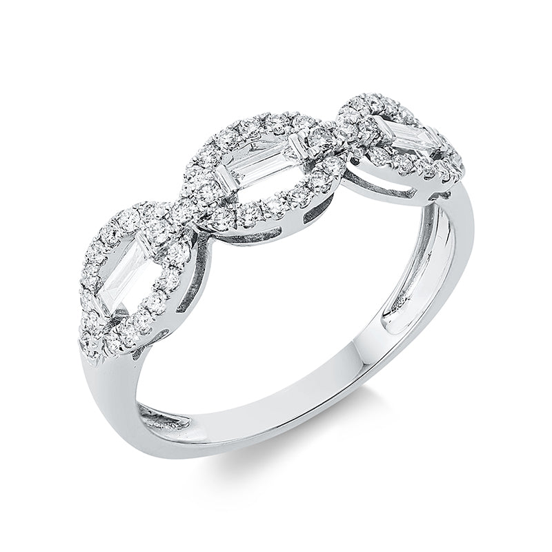 Ring 18 kt WG. 5 Baguette 0.11 ct. TW-si. 46 Brillanten 0.30 ct. TW-si. B:5.7 mm. Weite:53