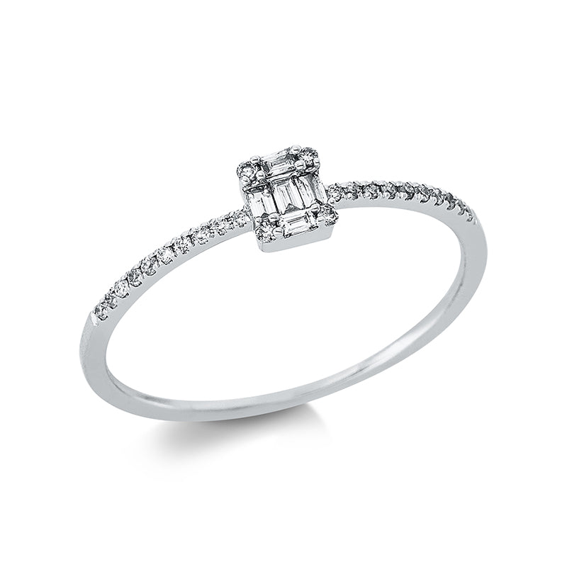 Ring 18 kt WG. 5 Baguette 0.06 ct. TW-si. 24 Brillanten 0.06 ct. TW-si. Weite:53