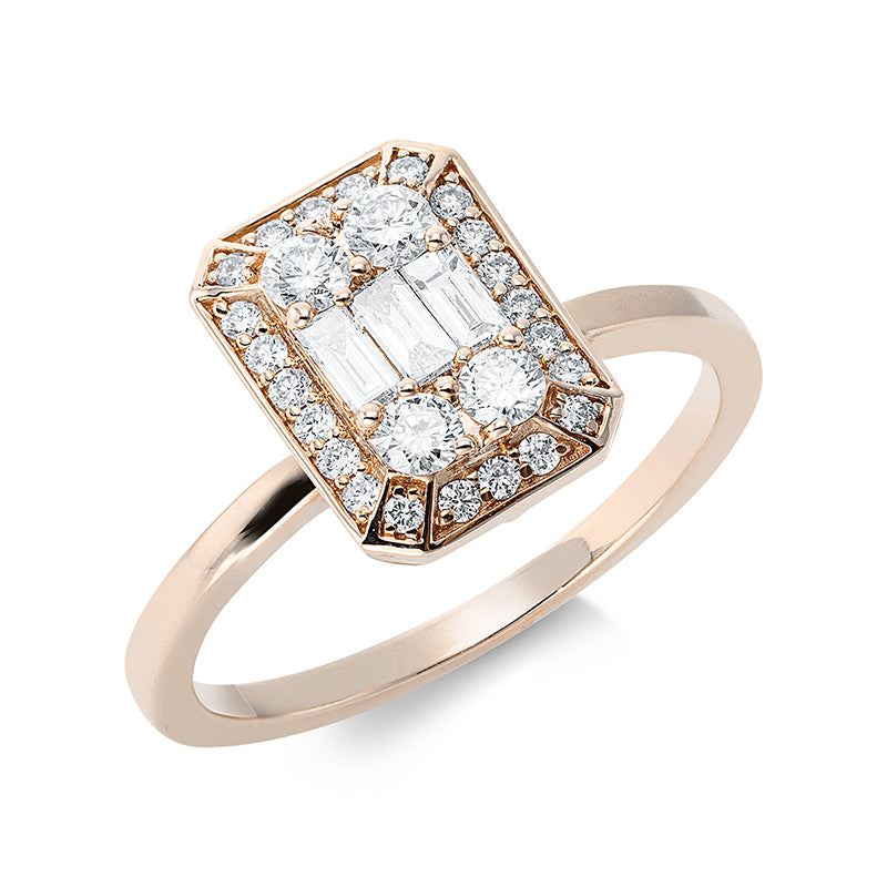 Ring 18 kt RG. 22 Brillanten 0.32 ct. TW-si. 3 Baguette 0.11 ct. TW-si. 4 Brillanten 0.02 ct. TW-si. H:8.0 mm. B:11.0 mm. Weite:53