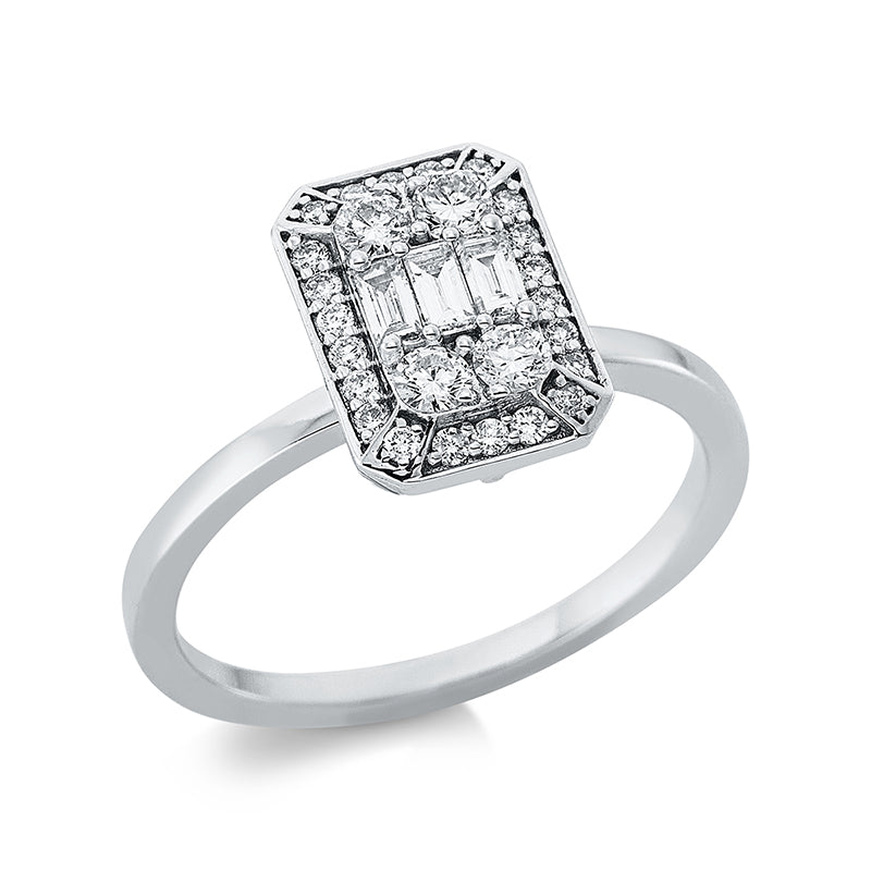 Ring 18 kt WG. 22 Brillanten 0.32 ct. TW-si. 3 Baguette 0.15 ct. TW-si. 4 Brillanten 0.02 ct. TW-si. Weite:53