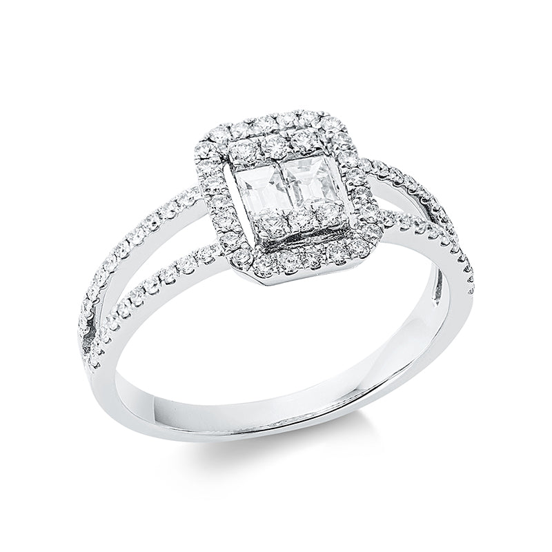 Ring 18 kt WG. 6 Brillanten 0.06 ct. TW-si. 2 Baguette 0.18 ct. TW-si. 64 Brillanten 0.28 ct. TW-si. H:7.9 mm. B:9.3 mm. Weite:53