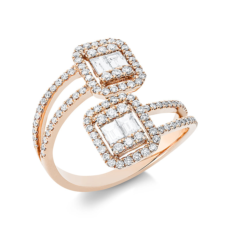 Ring 18 kt RG. 12 Brillanten 0.12 ct. TW-si. 4 Baguette 0.36 ct. TW-si. 94 Brillanten 0.42 ct. TW-si. H:19.5 mm. B:13.5 mm. Weite:53
