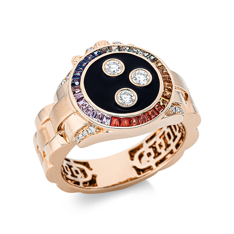 Ring 18 kt RG. 4 Brillanten 0.02 ct. TW-si. 3 Brillanten 0.17 ct. TW-si. 14 Brillanten 0.03 ct. TW-si. 1 Emaille 0.15 ct schwarz. 29 Saphire 0.67 ct multicolor. Weite:57