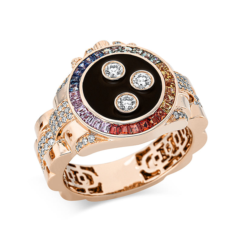 Ring 18 kt RG. 28 Brillanten 0.13 ct. TW-si. 3 Brillanten 0.17 ct. TW-si. 116 Brillanten 0.29 ct. TW-si. 1 Emaille 0.15 ct schwarz. 30 Saphire 0.68 ct multicolor. Weite:57