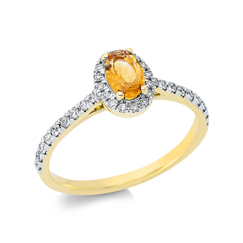 Ring 18 kt GG, 34 Brill. 0,27 ct, TW-si, 1 Citrin 0,35 ct gelb
