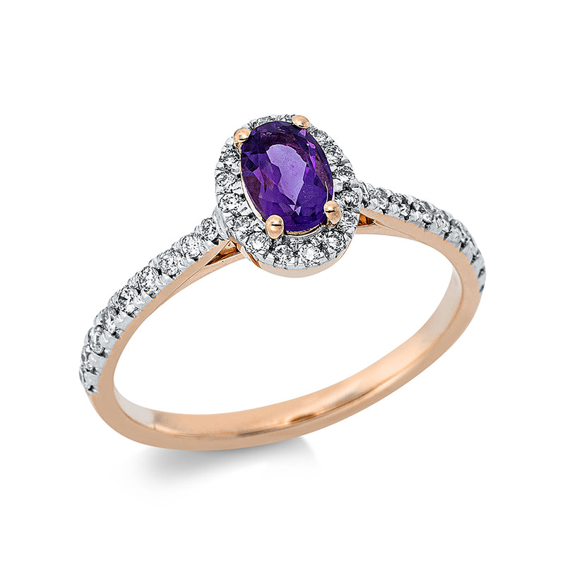 Ring 18 kt RG, 34 Brill. 0,27 ct, TW-si, 1 Amethyst 0,38 ct lila