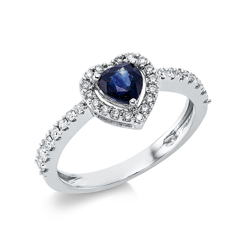 Ring 18 kt WG, 32 Brill. 0,33 ct, TW-si, 1 Saphir 0,50 ct blau