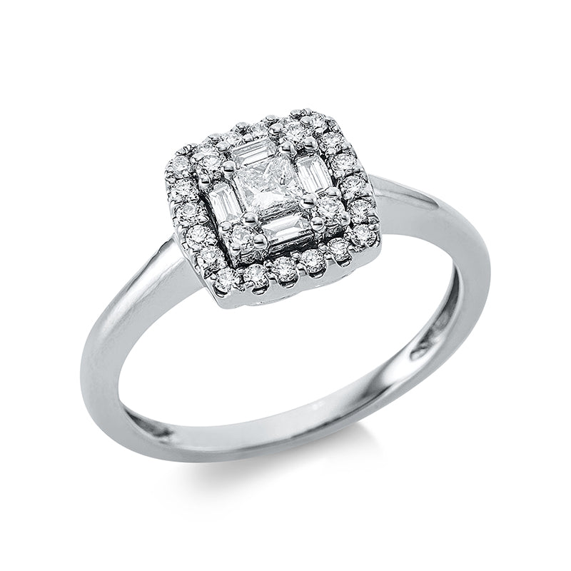 Ring 18 kt WG, 4 Bag. 0,08 ct, TW-si, 1 Princ. 0,11 ct, TW-si, 24 Brill. 0,21 ct, TW-si