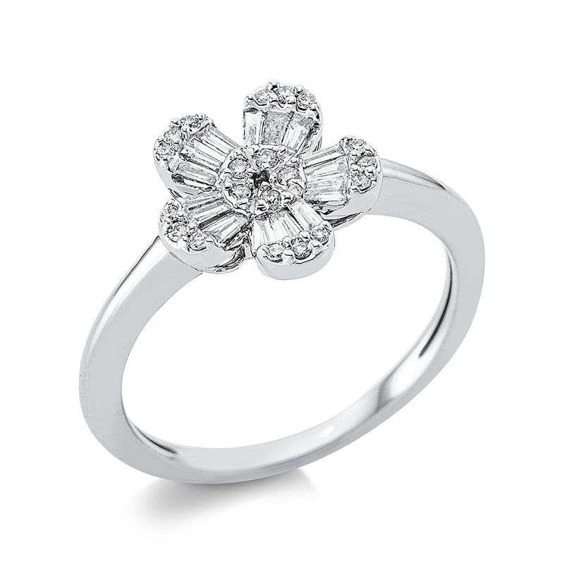 Ring 18 kt WG. 15 Trapeze 0.23 ct. TW-si. 20 Brillanten 0.80 ct. TW-si. H:9.9 mm. B:10.6 mm. Weite:54