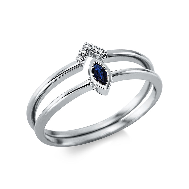 Ring 18 kt WG. 5 Brillanten 0.02 ct. TW-si. 1 Saphir 0.13 ct blau. H:5.2 mm. B:6.6 mm. Weite:54