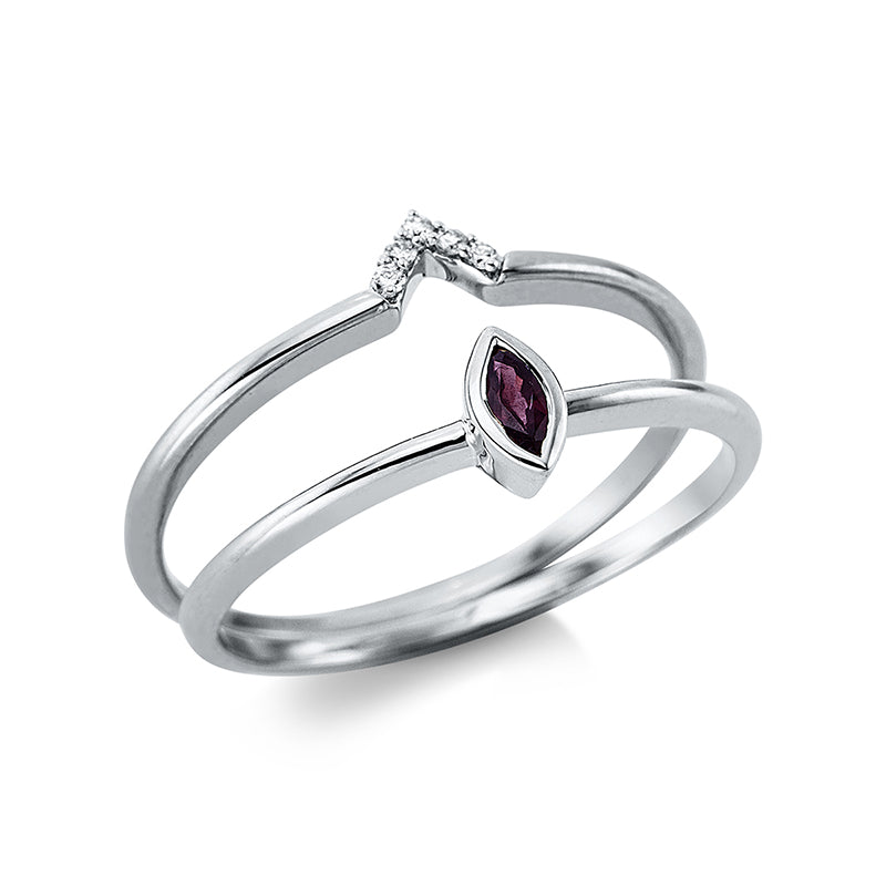 Ring 18 kt WG. 5 Brillanten 0.03 ct. TW-si. 1 Rubin 0.09 ct rot. Weite:54